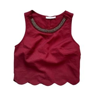 Chic Red Crop Top with Embellished Neckline